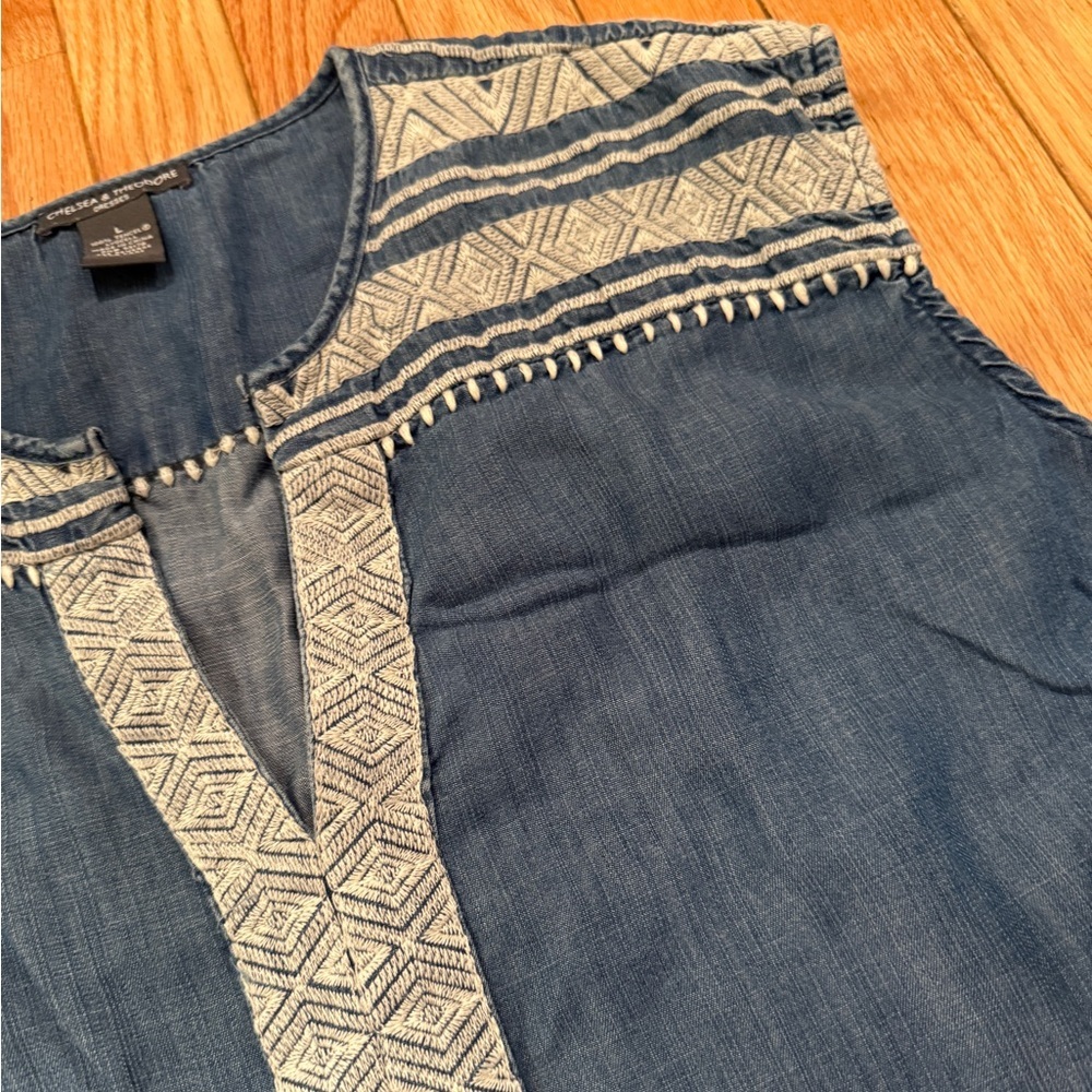 Chelsea & Theodore Denim Blue Knee Length Dress with Geometric Embroidery